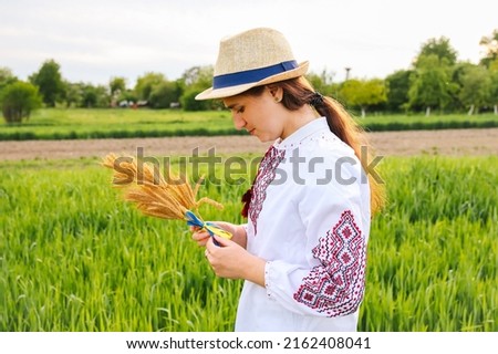 Defocus young woman in vyshyvanka and hat holding bouquet of ripe golden spikelets of wheat tied on the meadow nature background. Flag Ukraine. Welcome Ukraine. Side view. Out of focus.