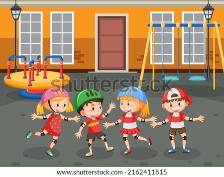 Children riding on roller skates at playground illustration
