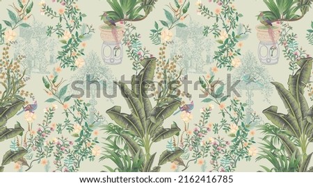 Vintage decorative garden seamless pattern for wallpaper. Traditional flower and bird Chinoiserie illustration for background