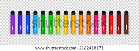 Disposable electronic cigarettes placed by the color of the rainbow. E-cigarettes in different flavours sorted by color on transparent background. Vector illustration Royalty-Free Stock Photo #2162418171