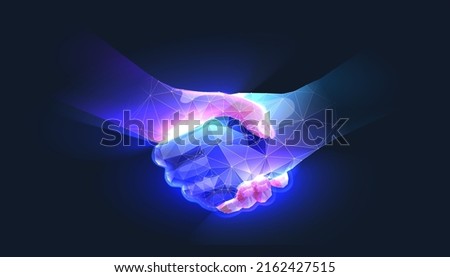 Handshake in digital futuristic style. The concept of partnership, collaboration or teamwork. Vector illustration with light effect and neon Royalty-Free Stock Photo #2162427515