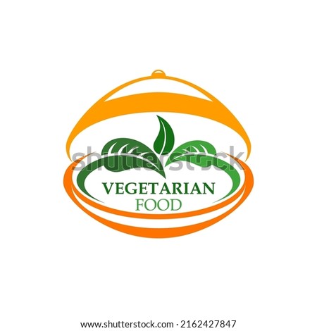Vegetarian food vector icon with green salad leaves and fresh leaf vegetables on serving tray with lid. Healthy vegan food and organic farm product isolated symbol of vegetarian restaurant or cafe Royalty-Free Stock Photo #2162427847