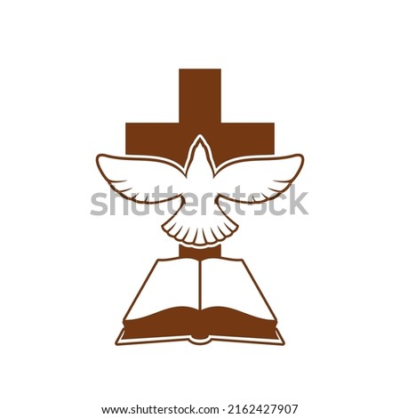 Christianity religion symbol with Holy Bible, cross and dove. Christian confession or church emblem. Christian commune or mission vector icon with Holy Spirit sacred symbol