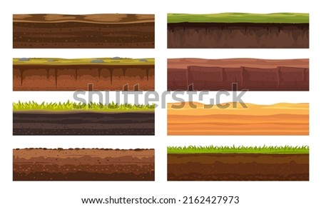 Soil ground or underground layers, grass, land and earth texture, vector seamless game level. Cartoon game landscape of soil ground and underground layers of sand hills, desert sand and stone surface Royalty-Free Stock Photo #2162427973
