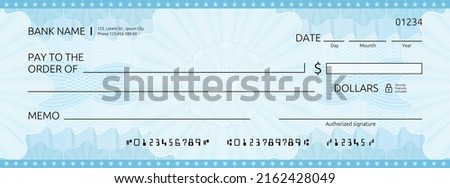Blank bank check, checkbook cheque template with blue guilloche, vector mockup. Money payment bank check voucher or pay cash cheque certificate, account bill paycheck with guilloche pattern Royalty-Free Stock Photo #2162428049
