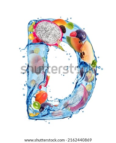 Latin letter D made of water splashes with different fruits and berries