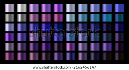 Gradients vector set. Vector neon chrome metal texture surface background swatch template. Metallic and chromium shade combination. Purple, lilac, violet neon chromium shades. Bright vibrant colors Royalty-Free Stock Photo #2162456147