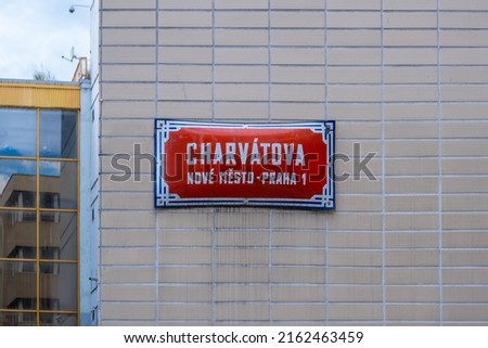 The old street sign in the center of Prague, Czech Republic. Charvátova Nové město Praha 1 (Charvátova street New city Prague 1) Royalty-Free Stock Photo #2162463459