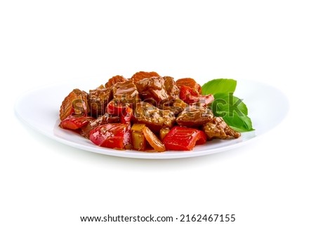 Meat stew, goulash with sauce, isolated on white background Royalty-Free Stock Photo #2162467155