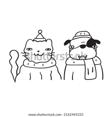 Cat and dog wearing winter hats and scarves. Outline illustration. 