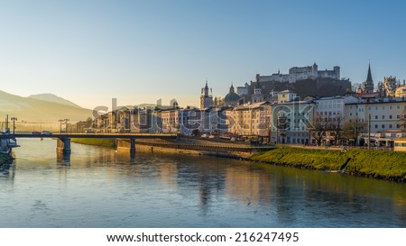 Salzburg, Austria. Image of Salzburg cityscape during summer sunrise. Royalty-Free Stock Photo #216247495