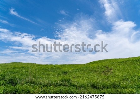 Green meadows and clear blue skies.
Green meadows and white clouds