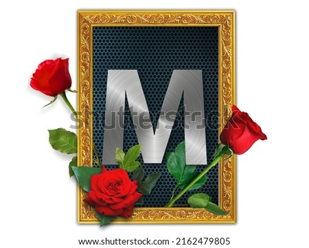 Wall decoration with M logo and red roses on a frame on a white background