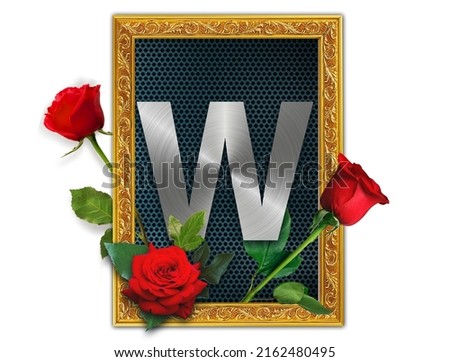 Wall decoration with W logo and red roses on a frame on a white background