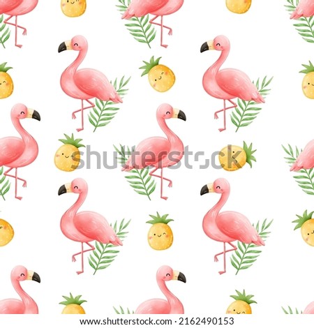Draw vector seamless pattern background cute flamingos pineapples Tropical summer concept Watercolor style