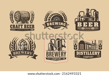 Brewery beer badges. Emblems, hop lager and pub badge set.