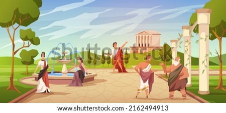 Ancient roman people. Civilian population pastime, greek male and female characters in tunics, cypresses trees, coliseum and amphitheater columns, temple, vector cartoon flat concept Royalty-Free Stock Photo #2162494913