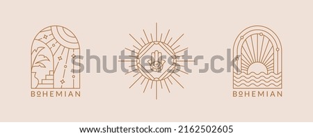 Boho logos. Vector isolated emblems with sun. Elegant line design for esoteric, spiritual therapy practices, travel agencies, outdoor resort, spa hotels, glamping, etc. Trendy bohemian aesthetic. Royalty-Free Stock Photo #2162502605