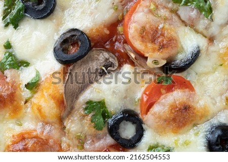 Macro shot of Italian pizza with mozzarella and cherry tomatoes, mushrooms and red onions, spices, ketchup and paprika. Italian cooking.