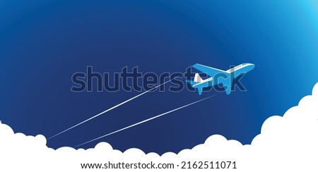 Air plane flies in the blue sky above the clouds, leaving trail behind it. Illustration, vector Royalty-Free Stock Photo #2162511071
