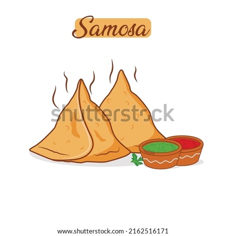 two Samosa  with  green and red sauce Chatani Indian street food. Hand drawn . Samosa is vary famous food loved by most of the Indian. Samosa vector  Royalty-Free Stock Photo #2162516171