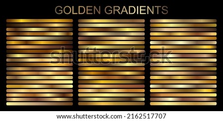 Gold Metallic gradient vector set, bronze, silver, chrome, copper metal foil texture template. Golden gradient set. Vector Metallic gold gradient design gradation collection for banner, luxury design Royalty-Free Stock Photo #2162517707