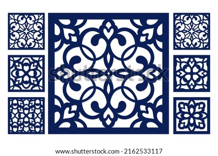 Ornamental cutout panel templates set; square patterns for cutting and printing.