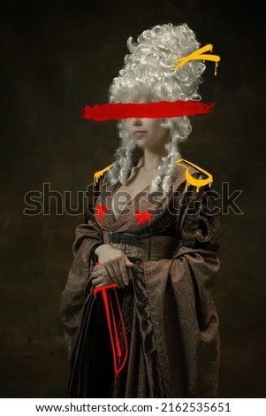 Creative artwork. Pixelated effect. Woman in image of medieval viscountess with red stroke of watercolor paint and drawings over dark background. Contemporary art, eras comparison. Design for picture