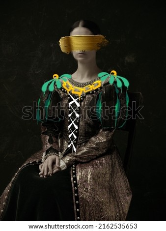 Contemporary artwork. Pixelated effect on face. Woman in image of medieval lady with stroke of yellow paint and drawings over dark background. Art, surrealism, eras comparison. Design for picture