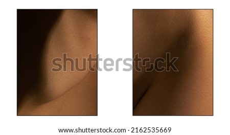 Art and beauty. Detailed texture of human female skin. Set with closeup images of part of woman's body. Skincare, bodycare, healthcare concept. Macro photography. Design for abstract poster