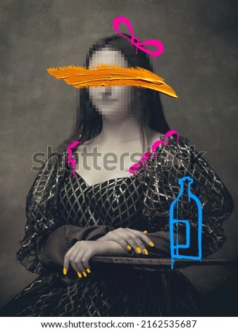 Pixelated effect on face. Eras comparison. Woman in image of medieval noblewoman with brush stroke of orange paint and drawings over dark background. Contemporary art, surrealism, avant-garde