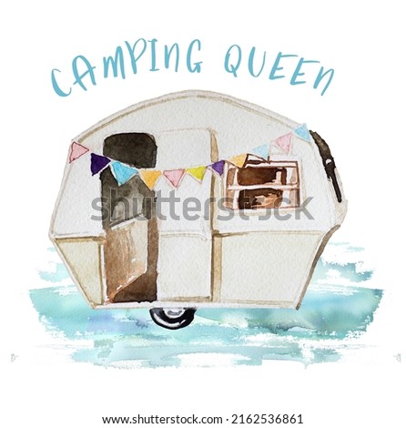 Watercolor hand painted vintage camping van  clipart isolated on white background. Tourist concept illustration. Happy camper design for t-shirt,mug,fabric. Vintage vehicle illustration.Camping queen.
