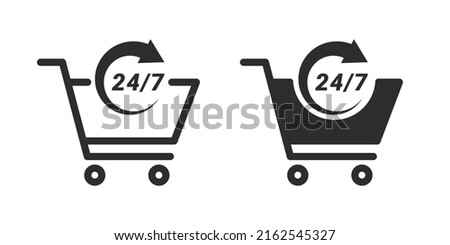 Convenience store icon. 24 hours 7 days in week icons. Vector images