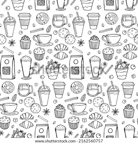 An endless pattern for the decoration of a cafe or restaurant. Desserts and drinks in the doodle style. Black objects on a white background Royalty-Free Stock Photo #2162560757