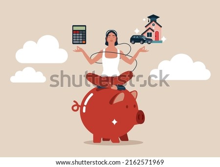 Young woman on piggy bank with calculator, house, car and graduate hat. Personal finance money management, expense, cost and budget calculation for education, housing mortgage or car loan concept.