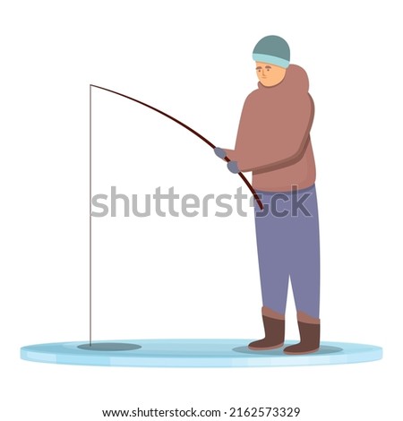 Man ice fishing icon cartoon vector. Winter hole. Frozen lake
