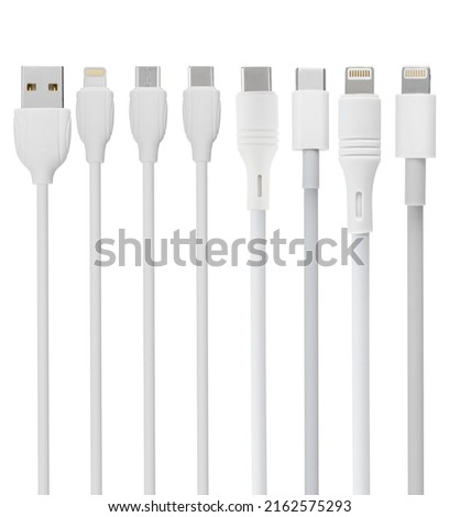 cable and connector for USB, Type-C, Micro USB, Lightning, on a white background in isolation, collage Royalty-Free Stock Photo #2162575293