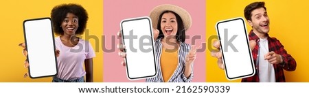 Positive multiracial millennials showing brand new cell phones with white empty screens, young guy and ladies recommending nice mobile app, colorful backgrounds, mockup, collage, panorama