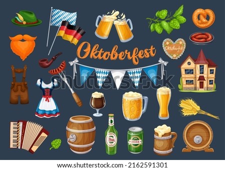 Oktoberfest Beer Festival icons set. Lederhosen, gingerbread, accordion, beer, grilled sausage on fork, smoking pipe and ets. Vector illustration. Royalty-Free Stock Photo #2162591301