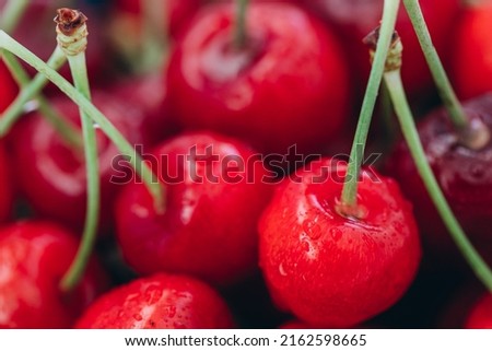 Bright juicy red cherry in drops of water.