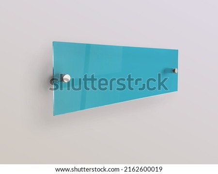 Wide rectangle turquoise glass nameplate plate on spacer metal holders. Clear printing board for branding. Acrilic advertising signboard on white background mock-up side view. proportional 1 to 3.