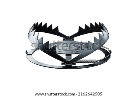Bear trap isolated on white background, metal trap. Addiction, hunting, poaching, credit mortgage. 3D render, 3D illustration Royalty-Free Stock Photo #2162642505