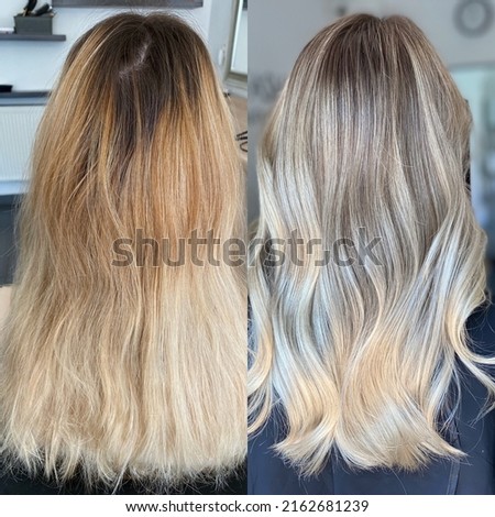 dyed hair in a beauty salon. photo before and after hair coloring