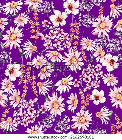 Daisy small sunflower seamless pattern illustration colorful. Floral different elements colorful fabric motif texture. Purple color background.