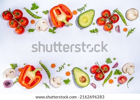 Various fresh vegetables pattern. Raw organic vegetables, salad ingredients bright flatlay on white background. Healthy diet common diet, vegan vegetarian food cooking background copy space
