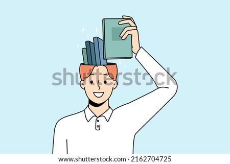Smiling man put book in head remembering. Happy wise guy take textbook from brain showing excellent memory. Education and knowledge concept. Flat vector illustration.  Royalty-Free Stock Photo #2162704725