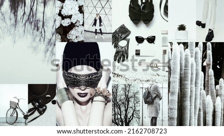 Set of trendy aesthetic photo collages. Minimalistic images of one top color. Fashion white moodboard