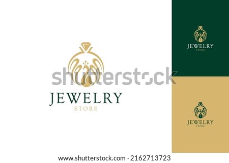Diamond ring jewelry logo and peacock shape. Symbol of jewelry manufacturing, gold and gem shop. Luxurious and elegant flat concept with several premium color displays