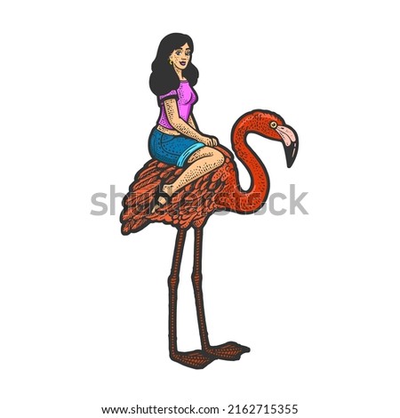 Girl ride flamingo bird line art color sketch engraving vector illustration. T-shirt apparel print design. Scratch board imitation. Black and white hand drawn image.