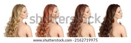 Collage with photos of beautiful young woman with different hair colors on white background. Banner design